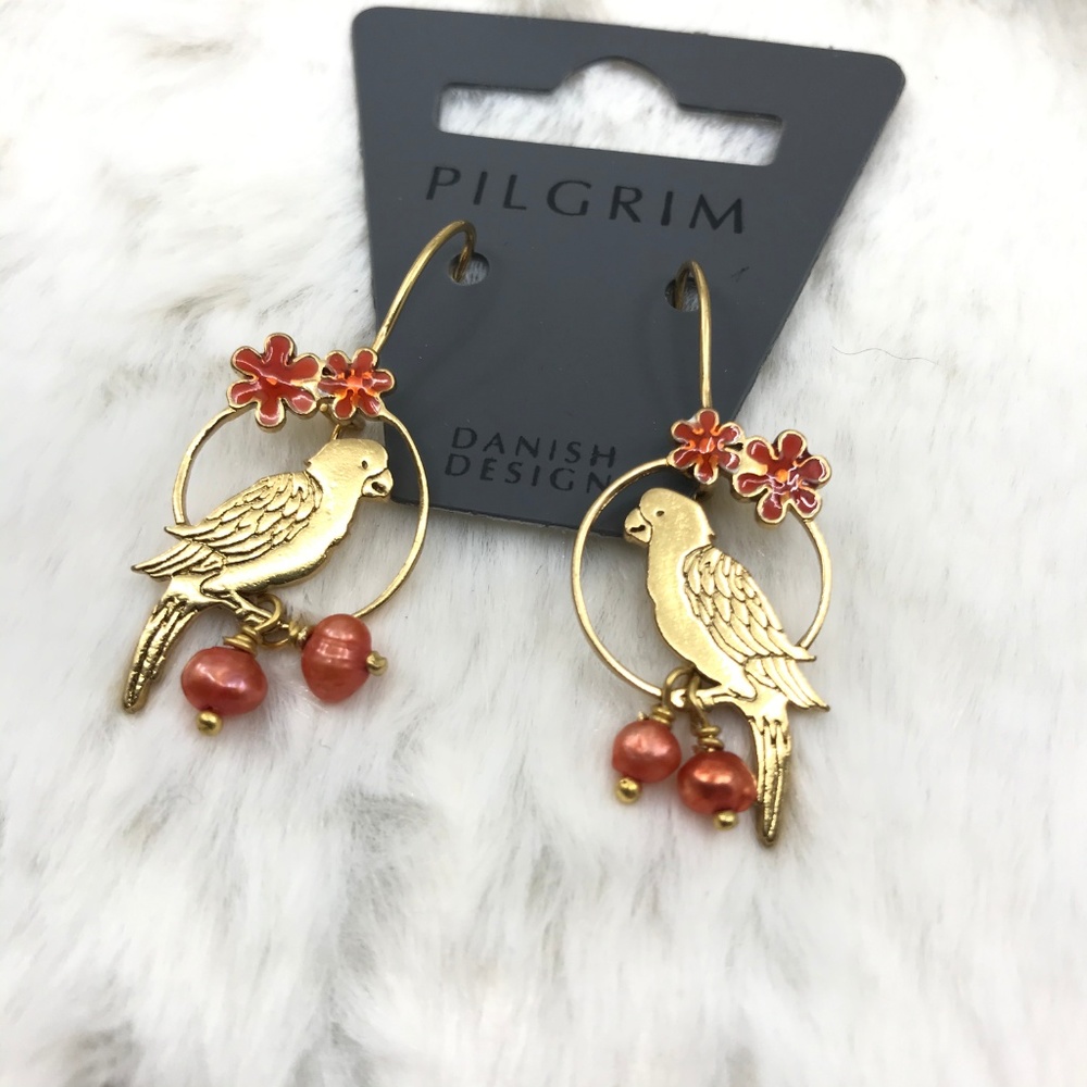 Orange Enamel Bird Flower Dangle Earrings 😍